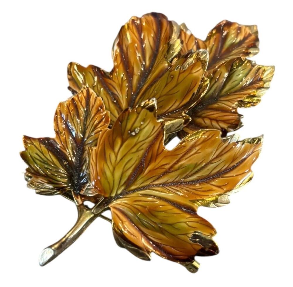 Vintage WEISS Maple Leaf Brooch Enamel Autumn Leaves Gold Tone Signed 1960s